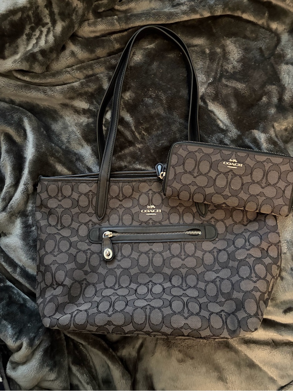 Coach Charcoal Signature Canvas Tote with Matching Wristlet